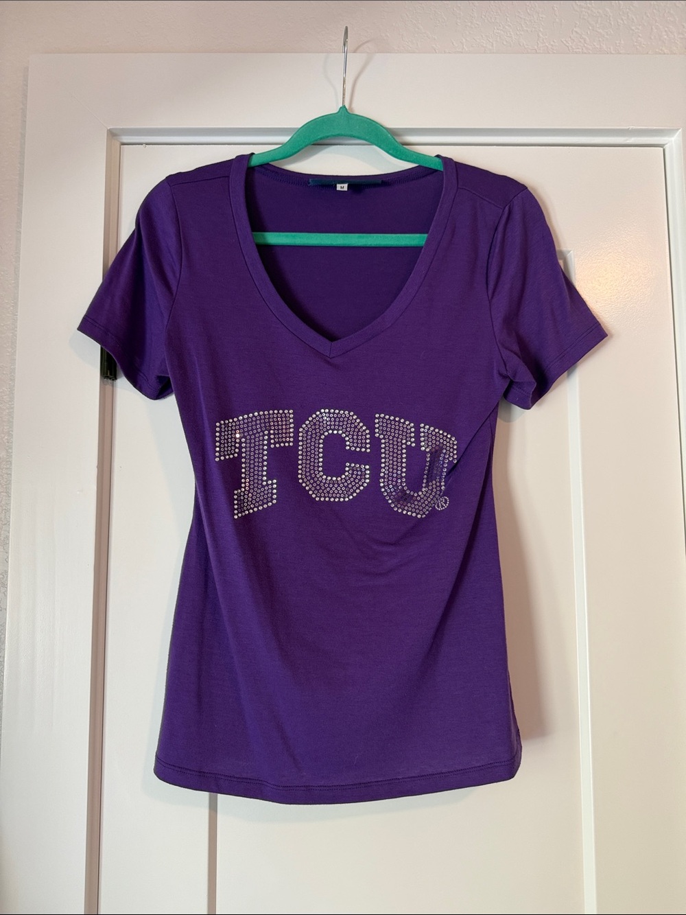 TCU Purple Rhinestone V-Neck Women's Tee